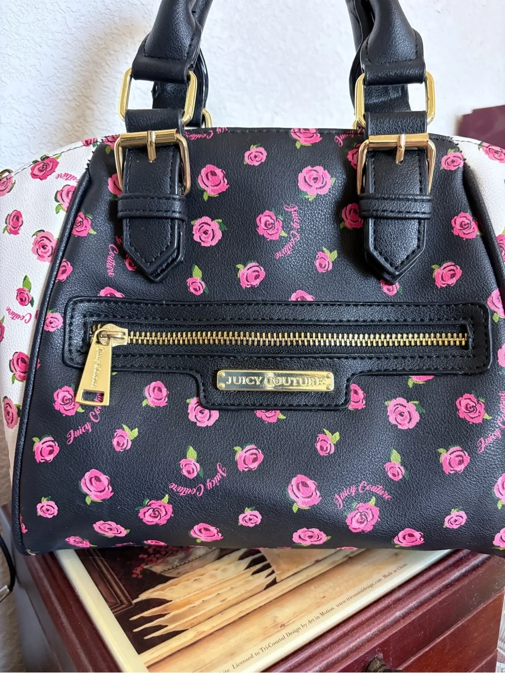 Juicy Couture Black and White Satchel Handbag with Pink Rose Floral Print